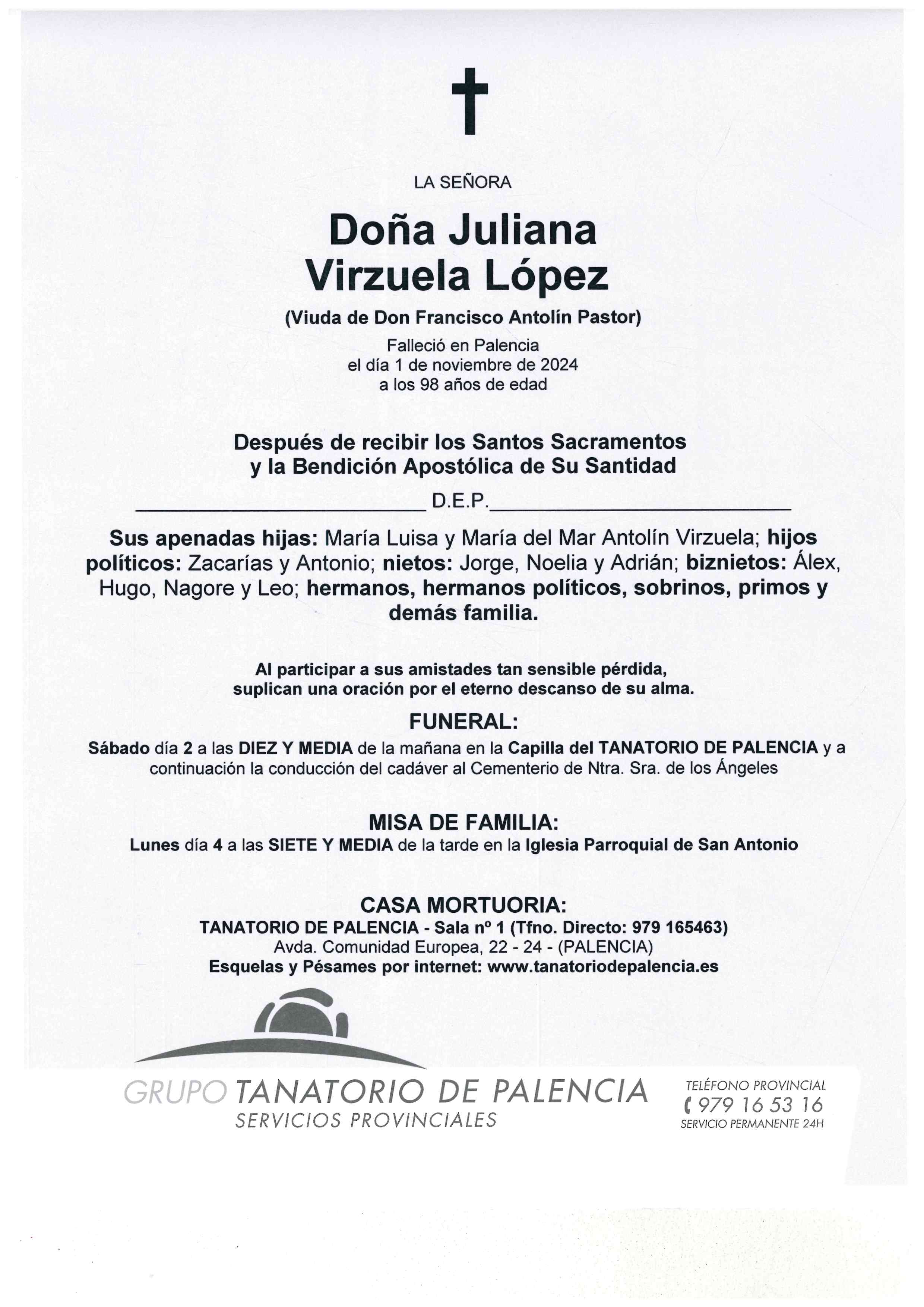 LA SEÑORA DOÑA JULIANA VIRZUELA LÓPEZ